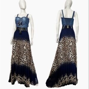 SALE💥NWT WOMEN‎ CHIFFON LONG DRESS DENIM TOP/PLEATED SKIRT ANIMAL PRINT LINED